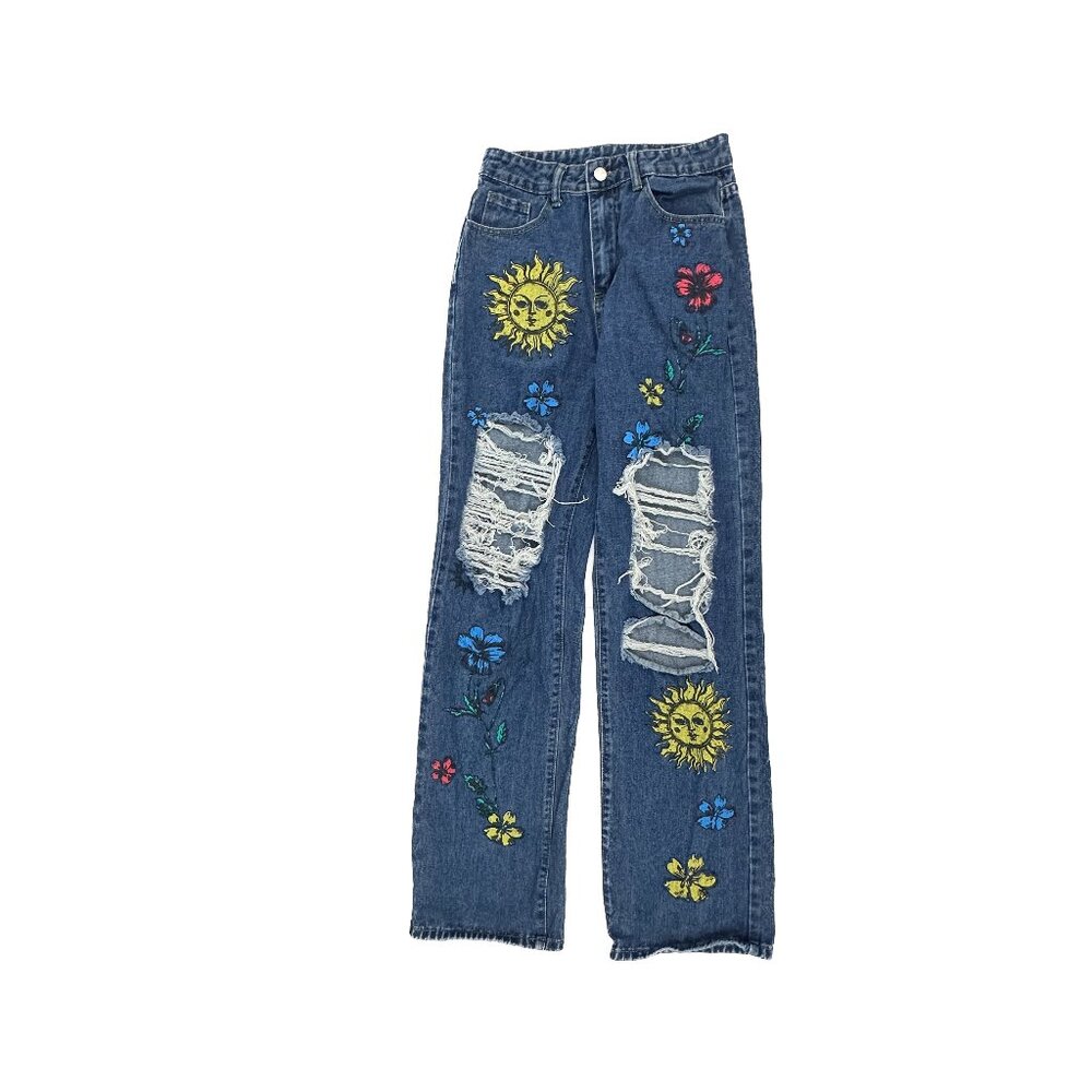 Shein Baggy Distressed Painted Drawings Women's size 4 Dark Blue Denim Jeans